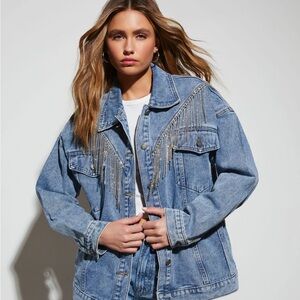 Vici Arizona Fringe Rhinestone Jean Jacket NEW